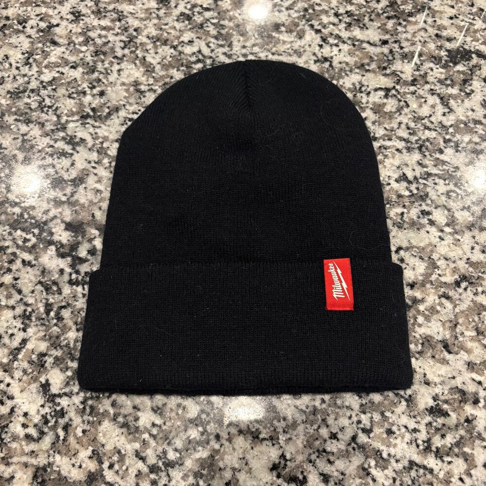 Milwaukee Tool Black Beanie Hat Cuffed Knit Cap Red Logo Winter Workwear